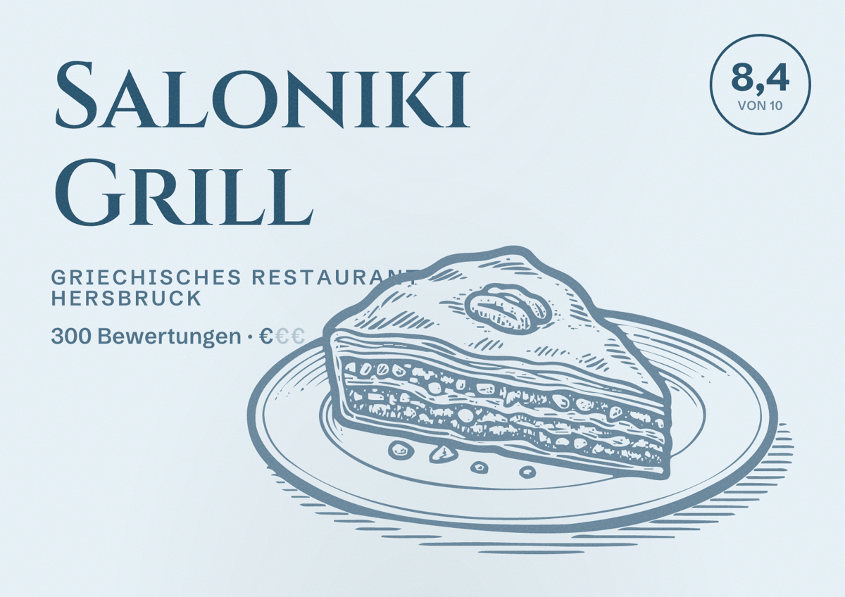 Illustriertes Poster von Saloniki Grill, Griechisches Restaurant in Hersbruck: Bewertung 8,4 von 10 aus 300 Bewertungen, Preisniveau €
