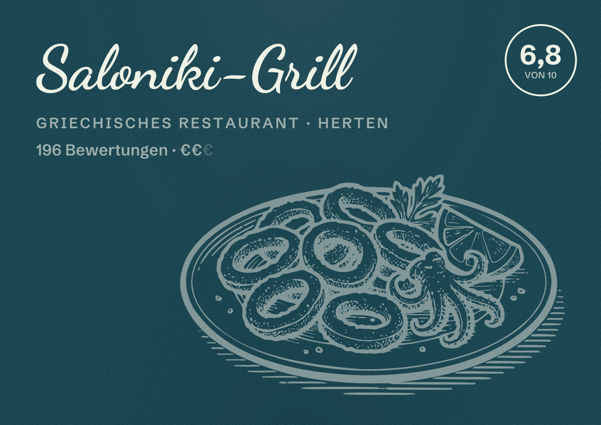 Illustriertes Poster von Saloniki-Grill, Griechisches Restaurant in Herten: Bewertung 6,8 von 10 aus 196 Bewertungen, Preisniveau €€