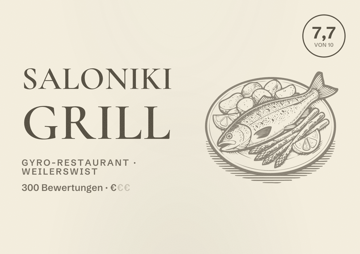 Illustriertes Poster von Saloniki Grill, Gyro-Restaurant in Weilerswist: Bewertung 7,7 von 10 aus 300 Bewertungen, Preisniveau €