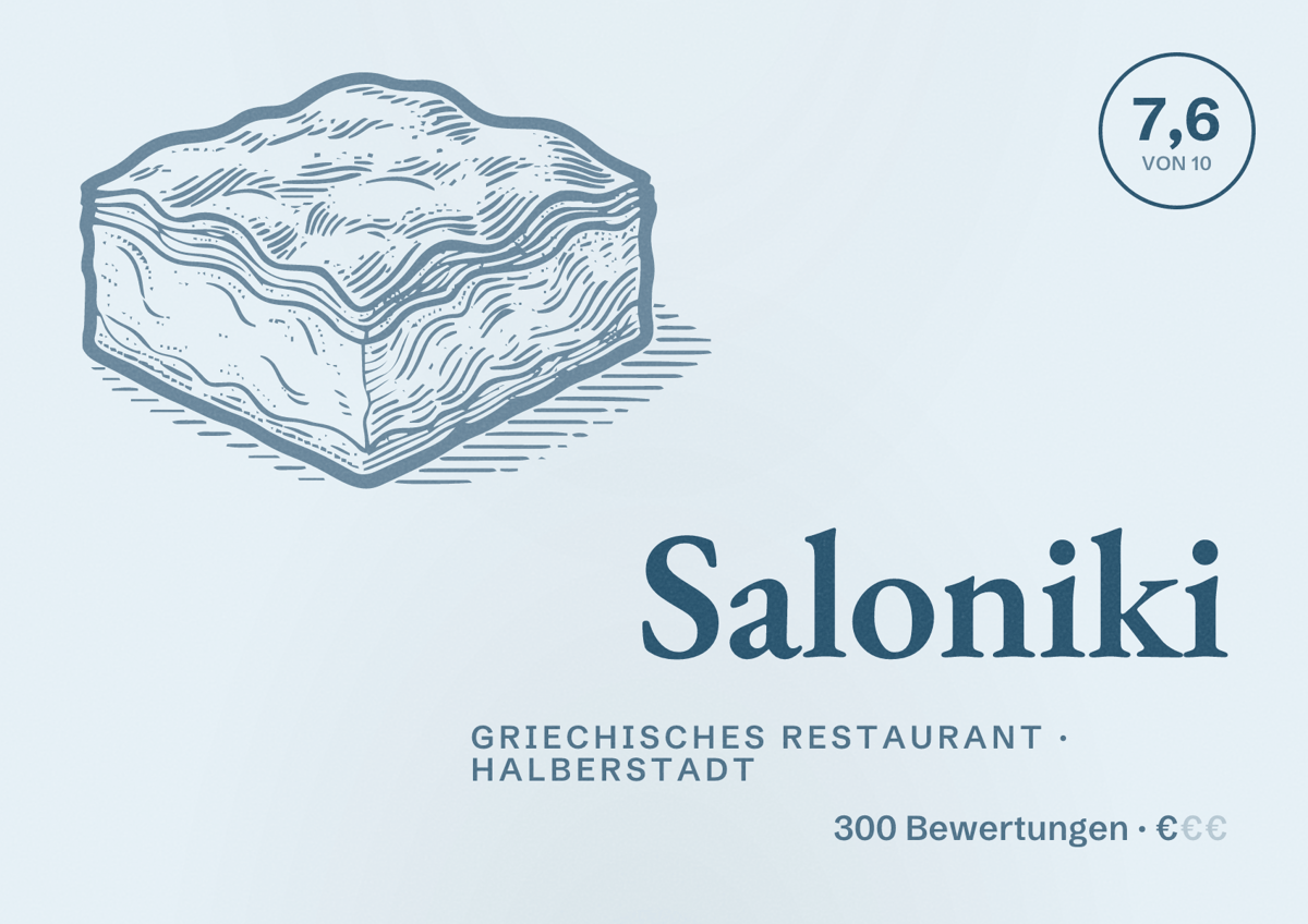 Illustriertes Poster von Saloniki, Griechisches Restaurant in Halberstadt: Bewertung 7,6 von 10 aus 300 Bewertungen, Preisniveau €