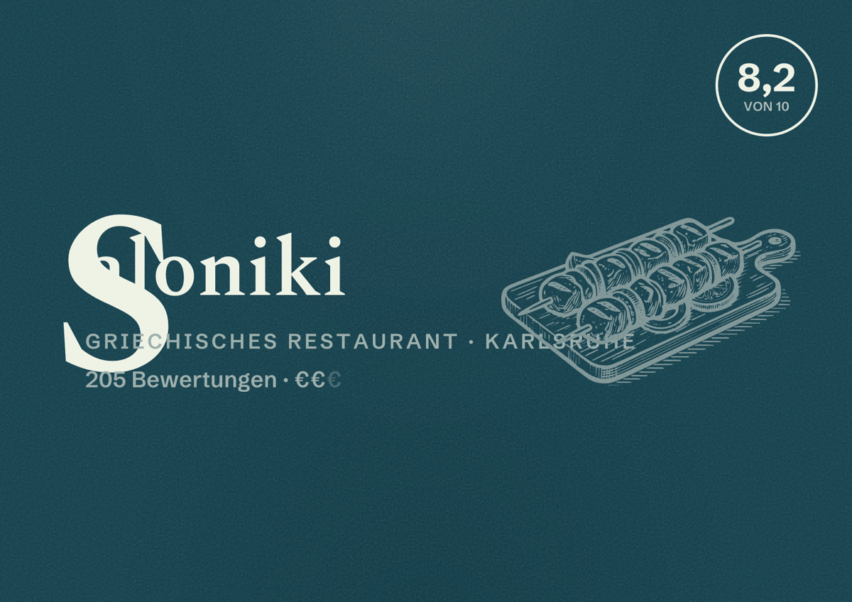 Illustriertes Poster von Saloniki, Griechisches Restaurant in Karlsruhe: Bewertung 8,2 von 10 aus 205 Bewertungen, Preisniveau €€