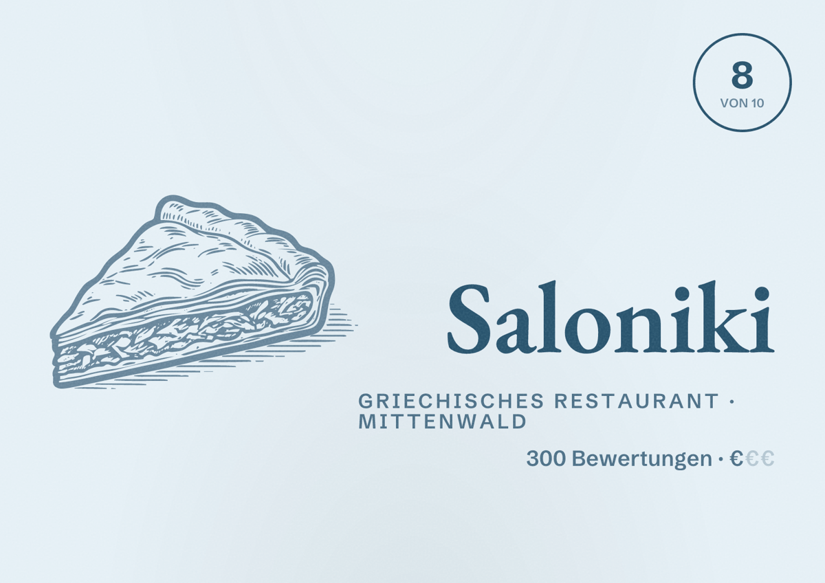 Illustriertes Poster von Saloniki, Griechisches Restaurant in Mittenwald: Bewertung 8 von 10 aus 300 Bewertungen, Preisniveau €
