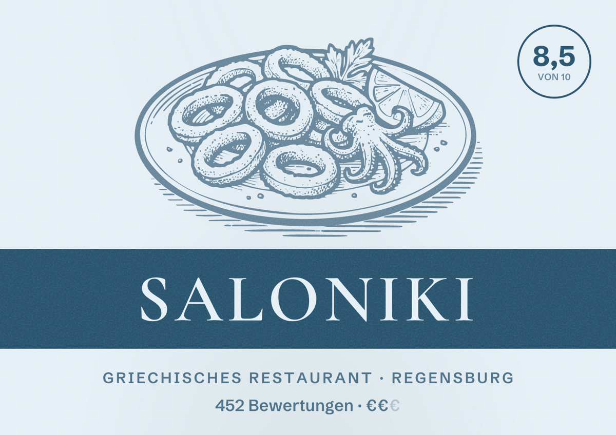 Illustriertes Poster von Saloniki, Griechisches Restaurant in Regensburg: Gästebewertung 8,5 von 10 aus 452 Bewertungen