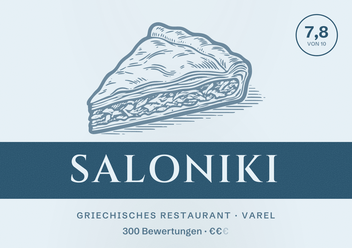 Illustriertes Poster von Saloniki, Griechisches Restaurant in Varel: Bewertung 7,8 von 10 aus 300 Bewertungen, Preisniveau €€