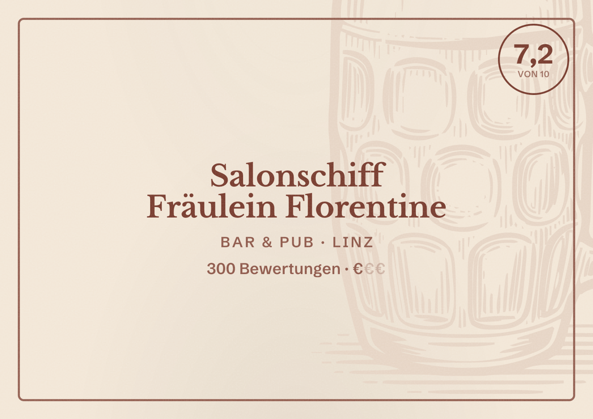 Illustriertes Poster von Salonschiff Fräulein Florentine, Bar & Pub in Linz: Bewertung 7,2 von 10 aus 300 Bewertungen, Preisniveau €