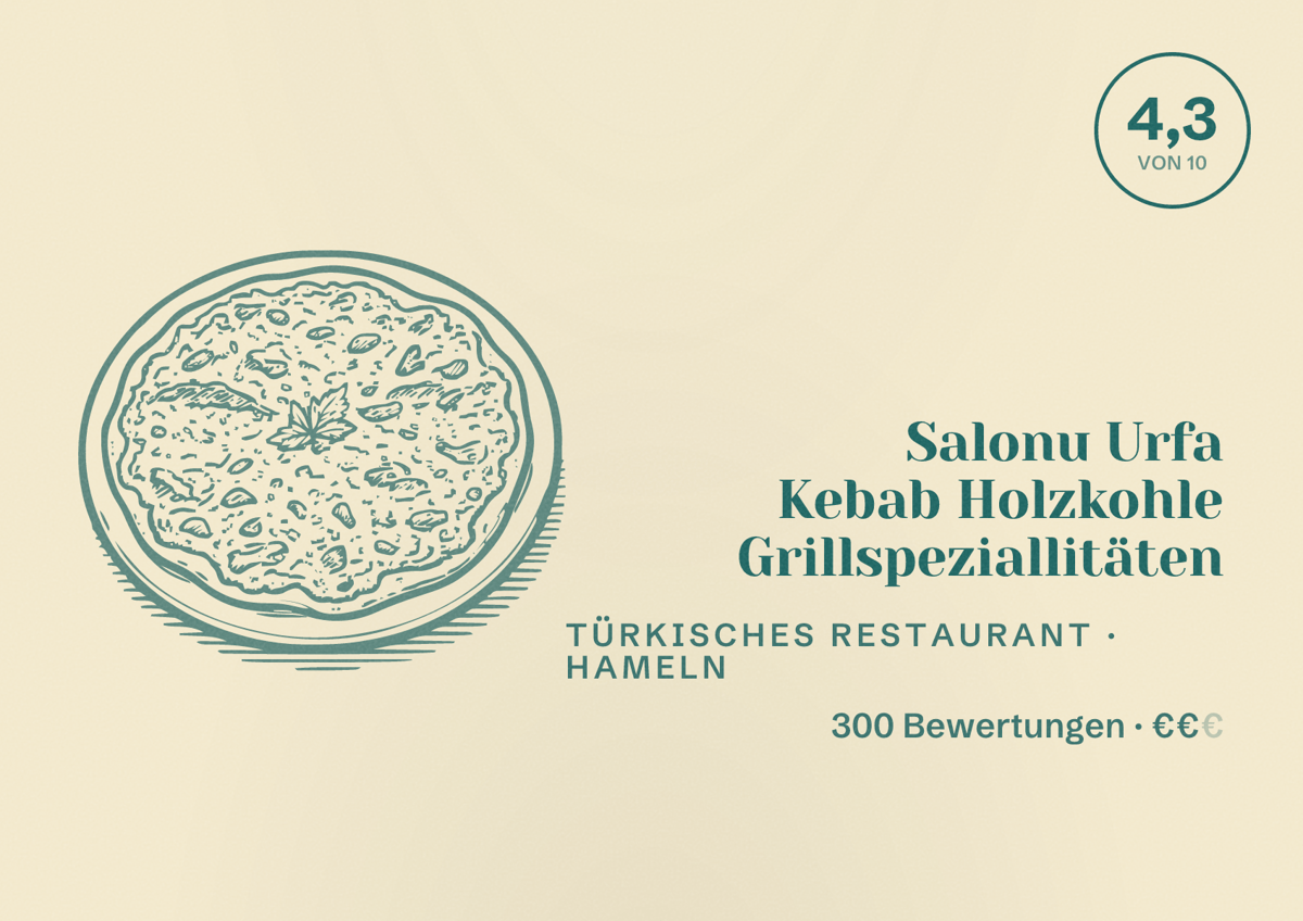 Illustriertes Poster von Salonu Urfa Kebab Holzkohle Grillspeziallitäten, Türkisches Restaurant in Hameln: Bewertung 4,3 von 10 aus 300 Bewertungen, Preisniveau €€