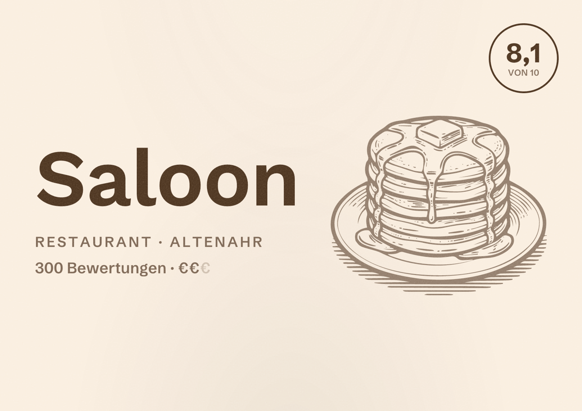Illustriertes Poster von Saloon, Restaurant in Altenahr: Bewertung 8,1 von 10 aus 300 Bewertungen, Preisniveau €€
