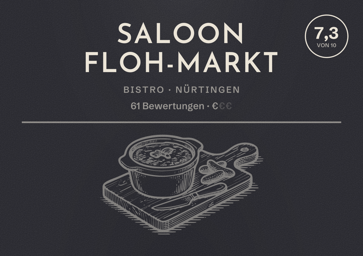 Illustriertes Poster von Saloon Floh-Markt, Bistro in Nürtingen: Bewertung 7,3 von 10 aus 61 Bewertungen, Preisniveau €