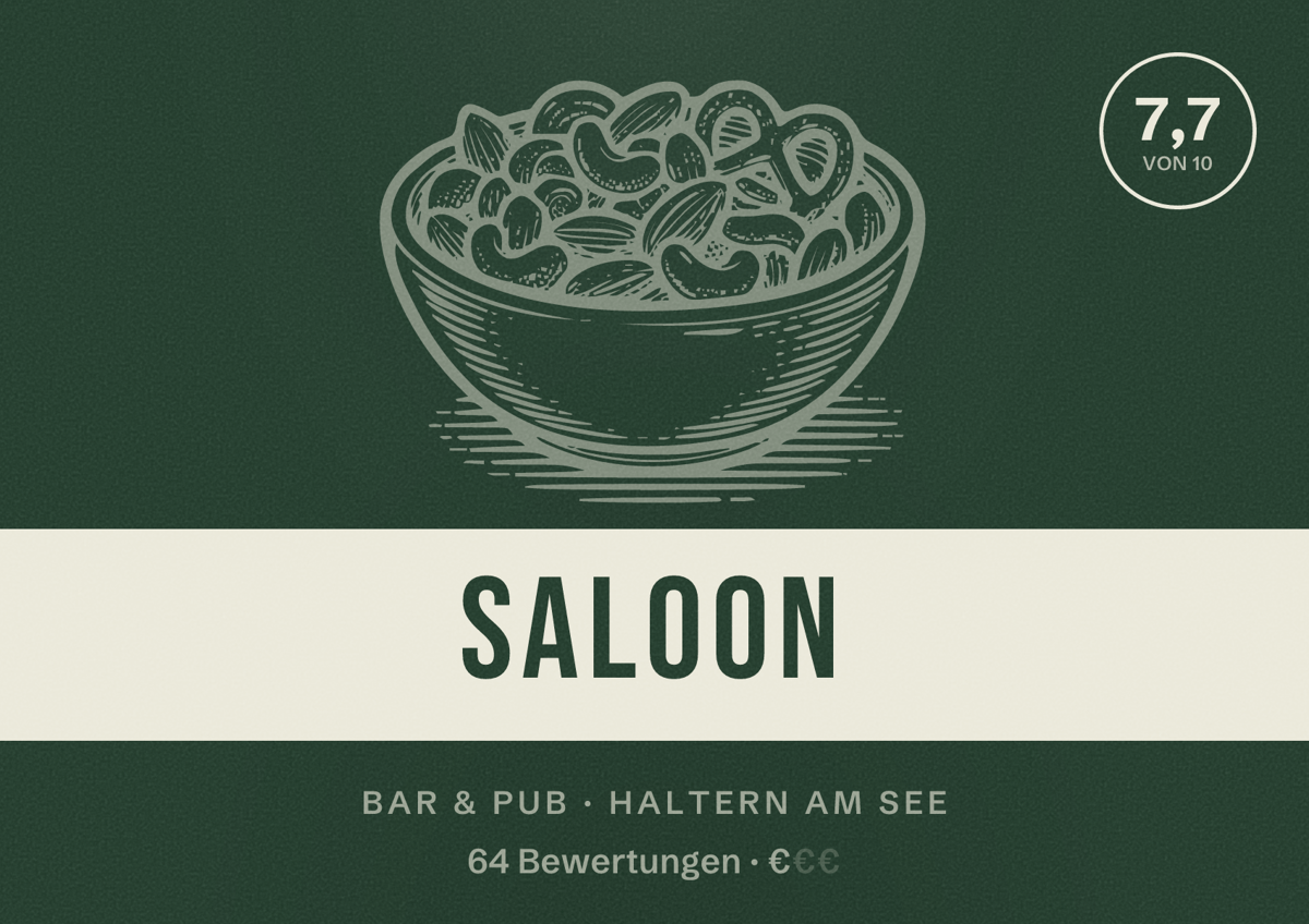 Illustriertes Poster von Saloon, Bar & Pub in Haltern am See: Bewertung 7,7 von 10 aus 64 Bewertungen, Preisniveau €