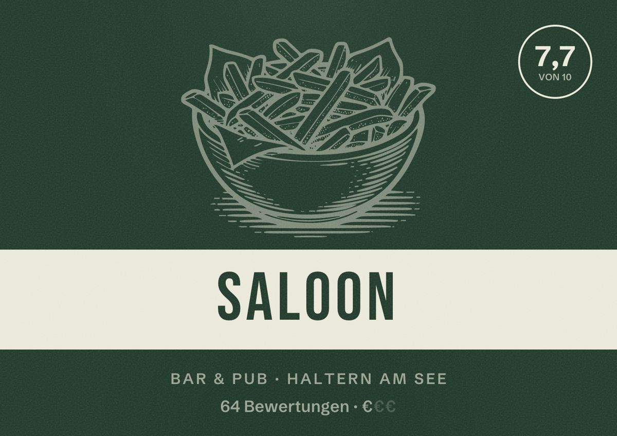Illustriertes Poster von Saloon, Bar & Pub in Haltern am See: Bewertung 7,7 von 10 aus 64 Bewertungen, Preisniveau €