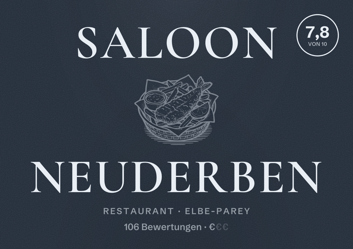 Illustriertes Poster von Saloon Neuderben, Restaurant in Elbe-Parey: Bewertung 7,8 von 10 aus 106 Bewertungen, Preisniveau €