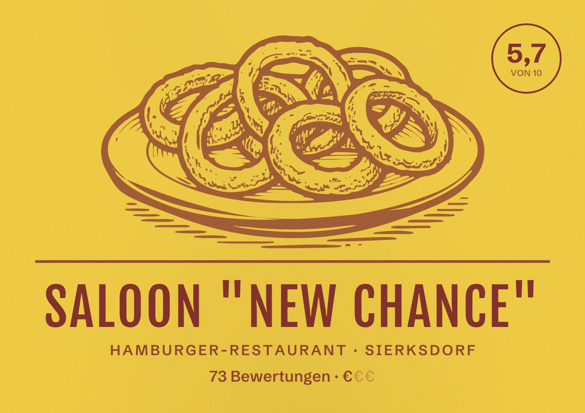 Illustriertes Poster von Saloon "New Chance", Hamburger-Restaurant in Sierksdorf: Bewertung 5,7 von 10 aus 73 Bewertungen, Preisniveau €