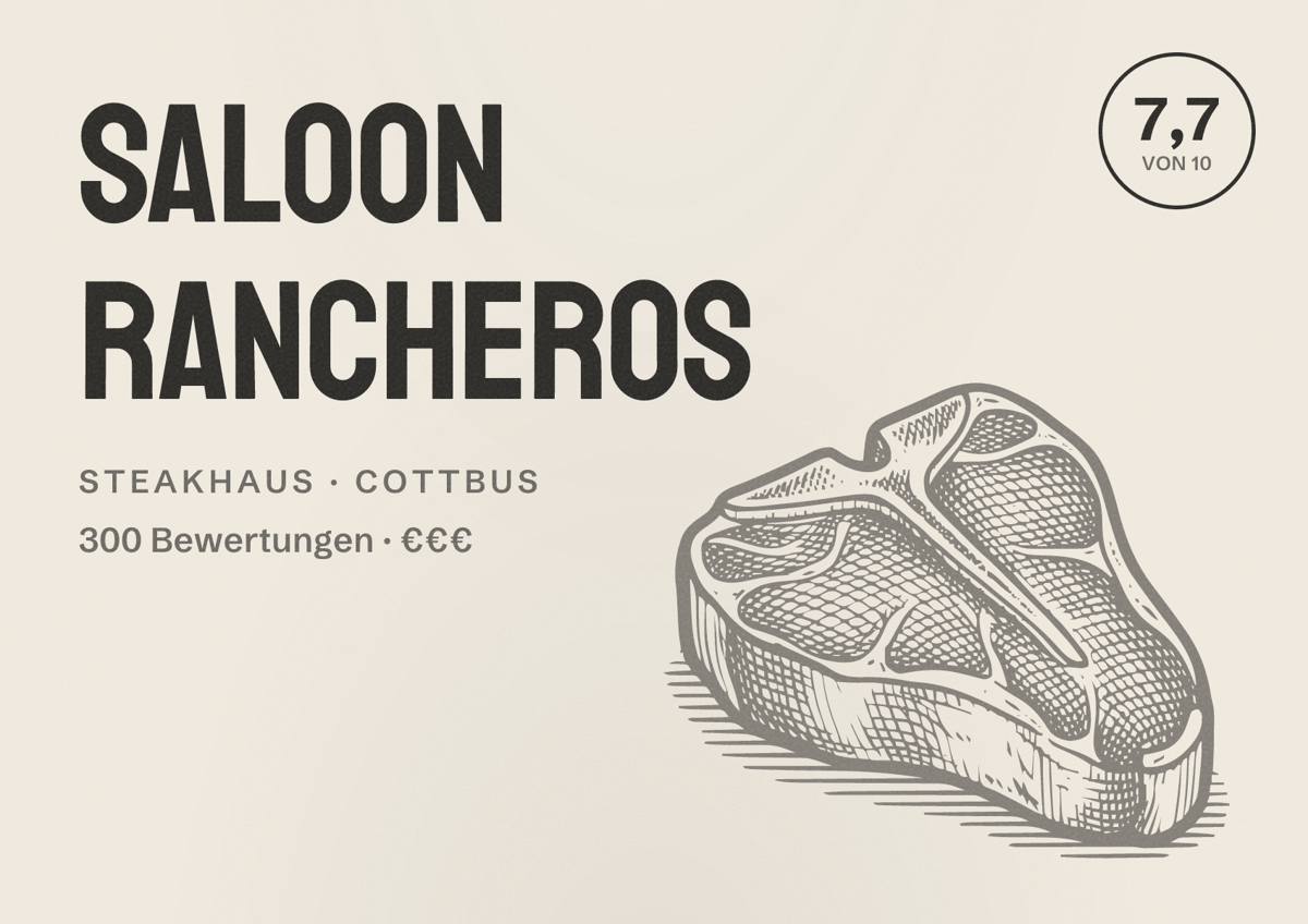 Illustriertes Poster von Saloon Rancheros, Steakhaus in Cottbus: Bewertung 7,7 von 10 aus 300 Bewertungen, Preisniveau €€€