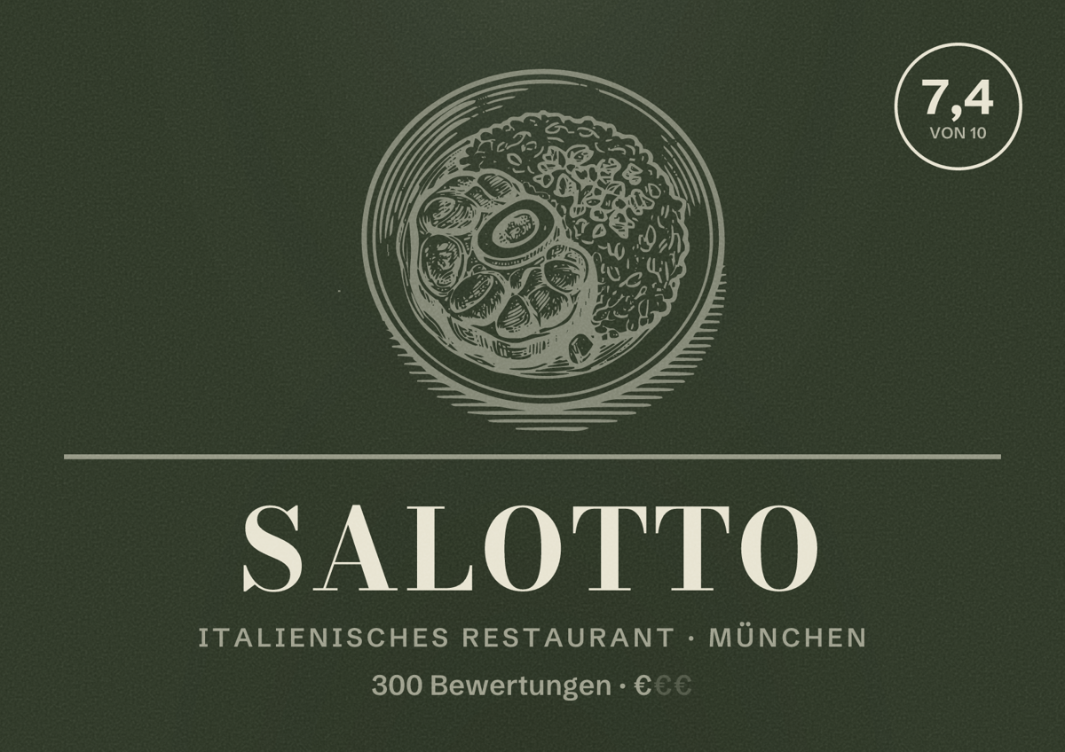 Illustriertes Poster von Salotto, Italienisches Restaurant in München: Bewertung 7,4 von 10 aus 300 Bewertungen, Preisniveau €