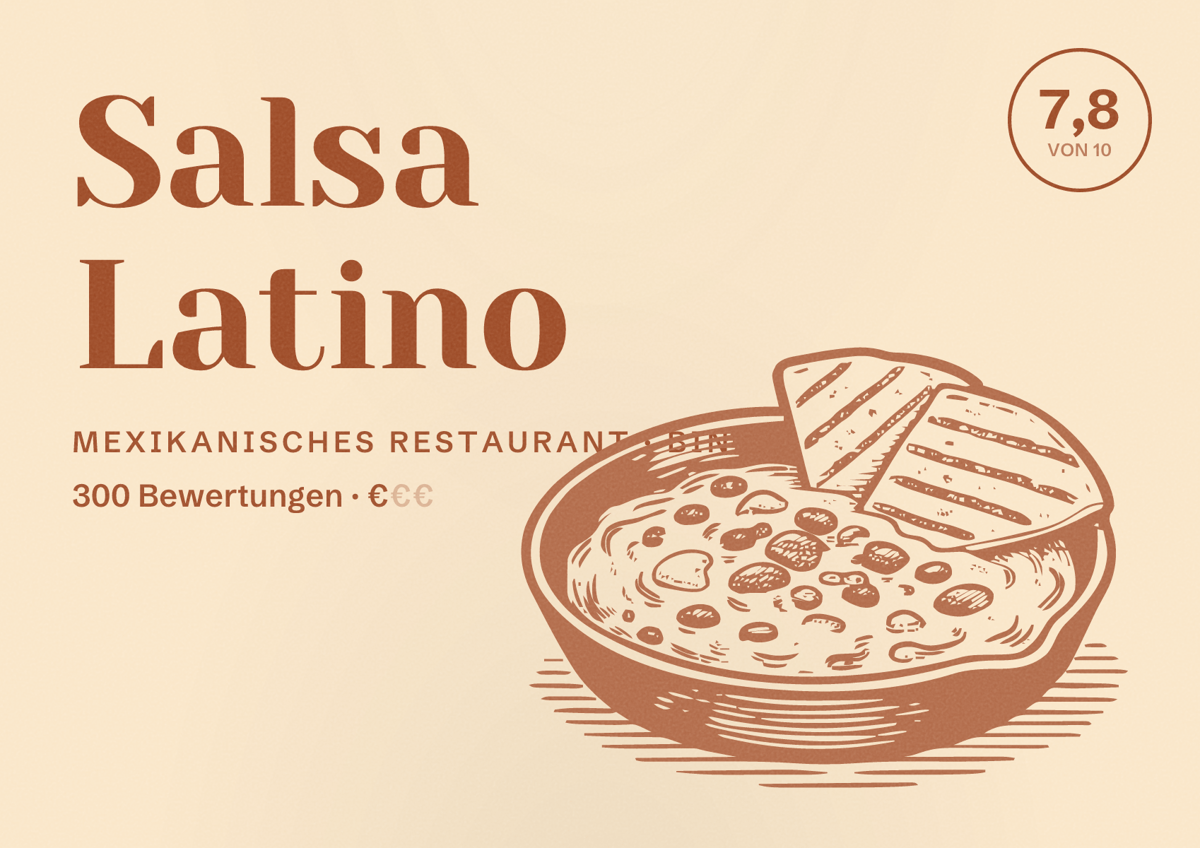 Illustriertes Poster von Salsa Latino, Mexikanisches Restaurant in Binz: Bewertung 7,8 von 10 aus 300 Bewertungen, Preisniveau €