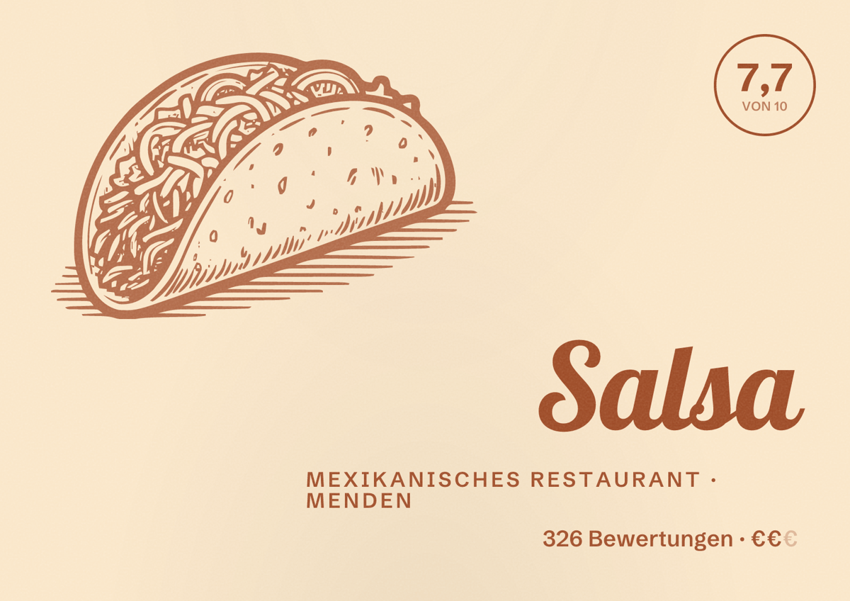 Illustriertes Poster von Salsa, Mexikanisches Restaurant in Menden: Bewertung 7,7 von 10 aus 326 Bewertungen, Preisniveau €€