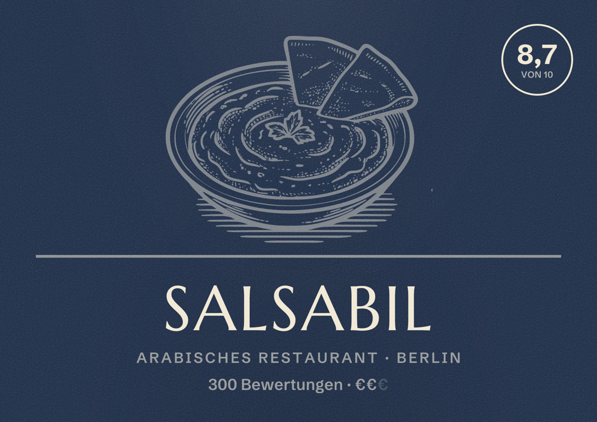 Illustriertes Poster von Salsabil, Arabisches Restaurant in Berlin: Bewertung 8,7 von 10 aus 300 Bewertungen, Preisniveau €€