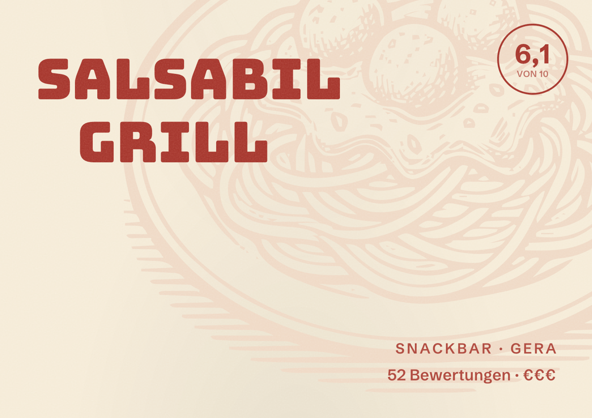 Illustriertes Poster von Salsabil Grill, Snackbar in Gera: Bewertung 6,1 von 10 aus 52 Bewertungen, Preisniveau €€€