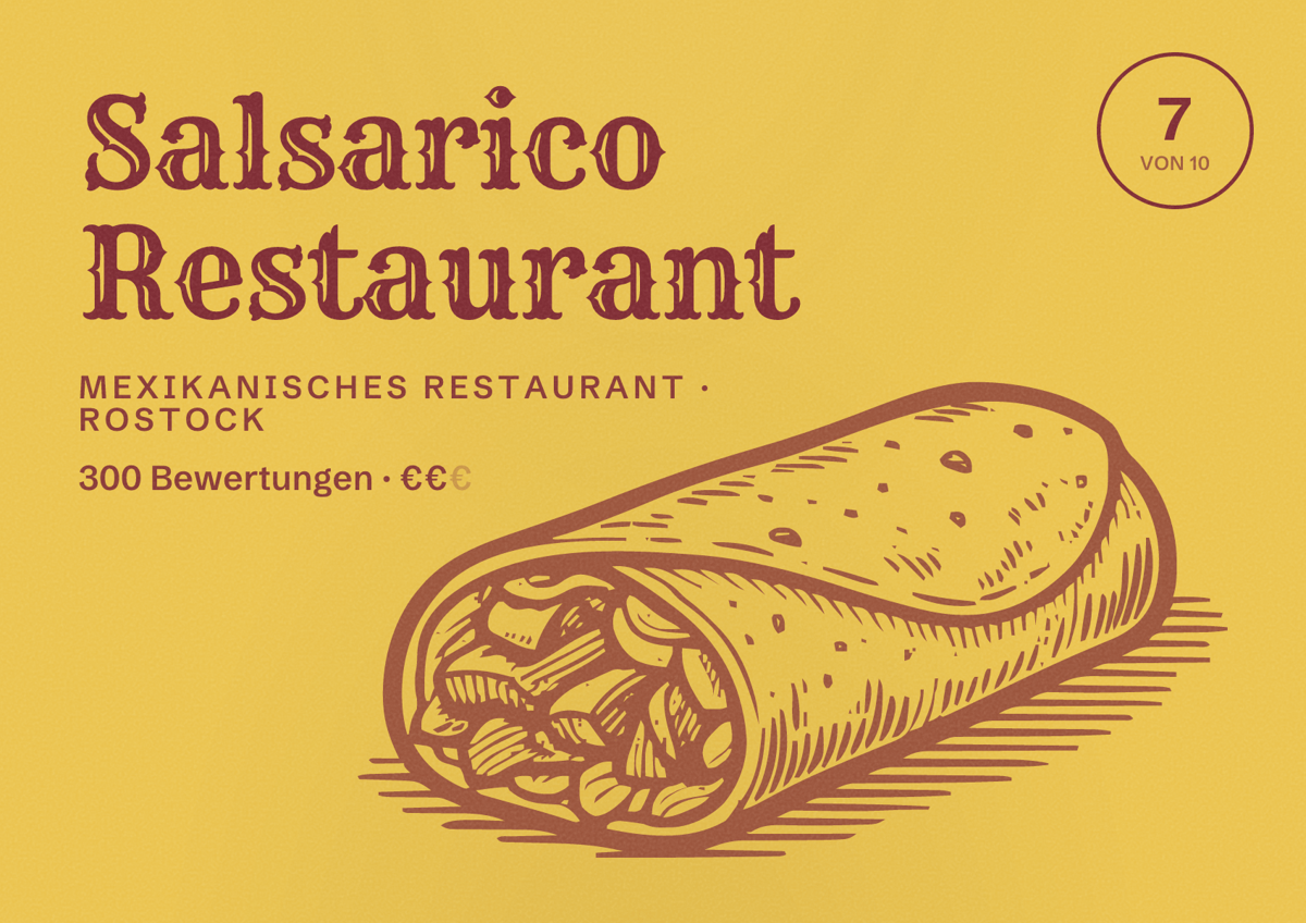 Illustriertes Poster von Salsarico Restaurant, Mexikanisches Restaurant in Rostock: Bewertung 7,0 von 10 aus 300 Bewertungen, Preisniveau €€