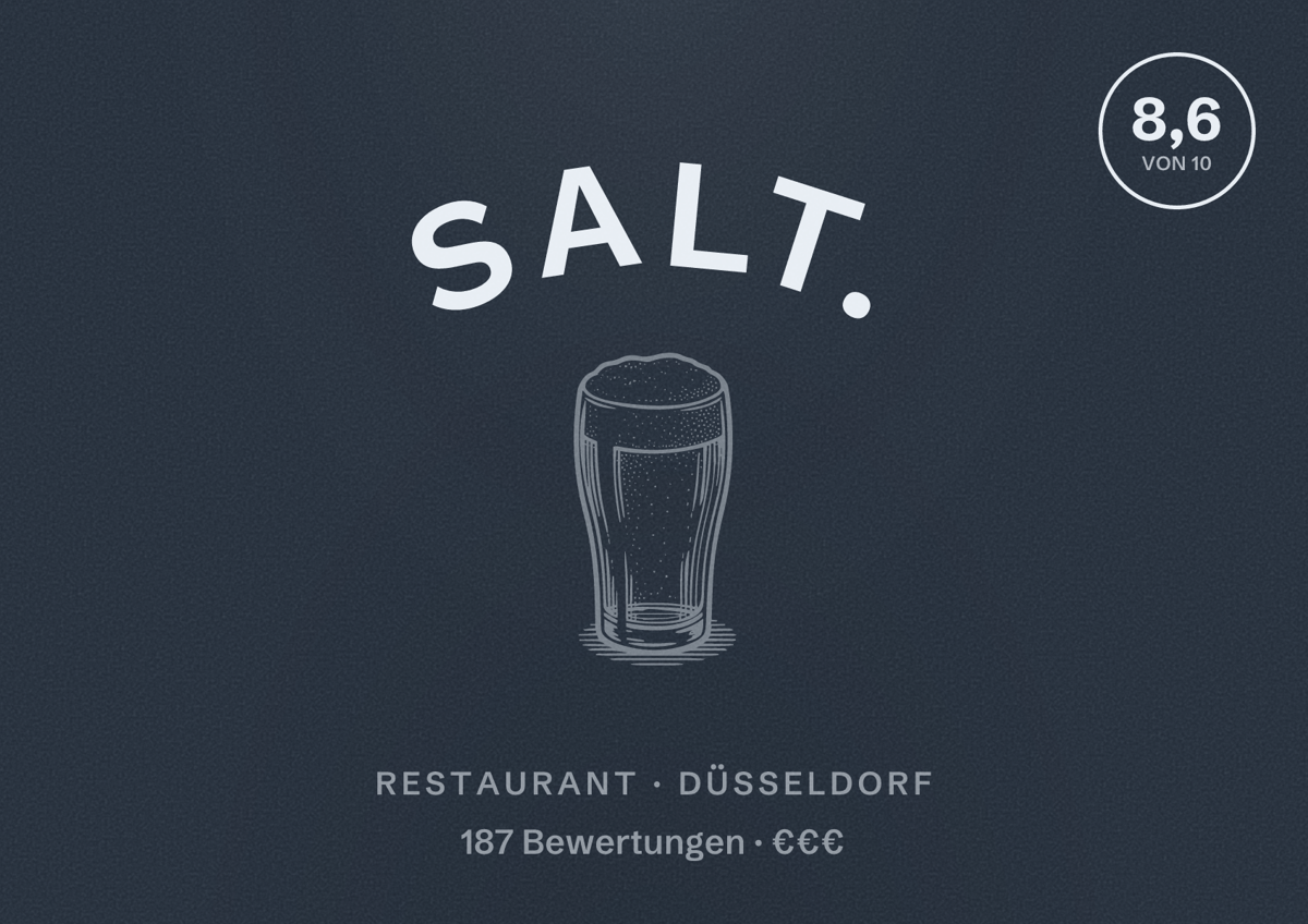 Illustriertes Poster von Salt., Restaurant in Düsseldorf: Bewertung 8,6 von 10 aus 187 Bewertungen, Preisniveau €€€