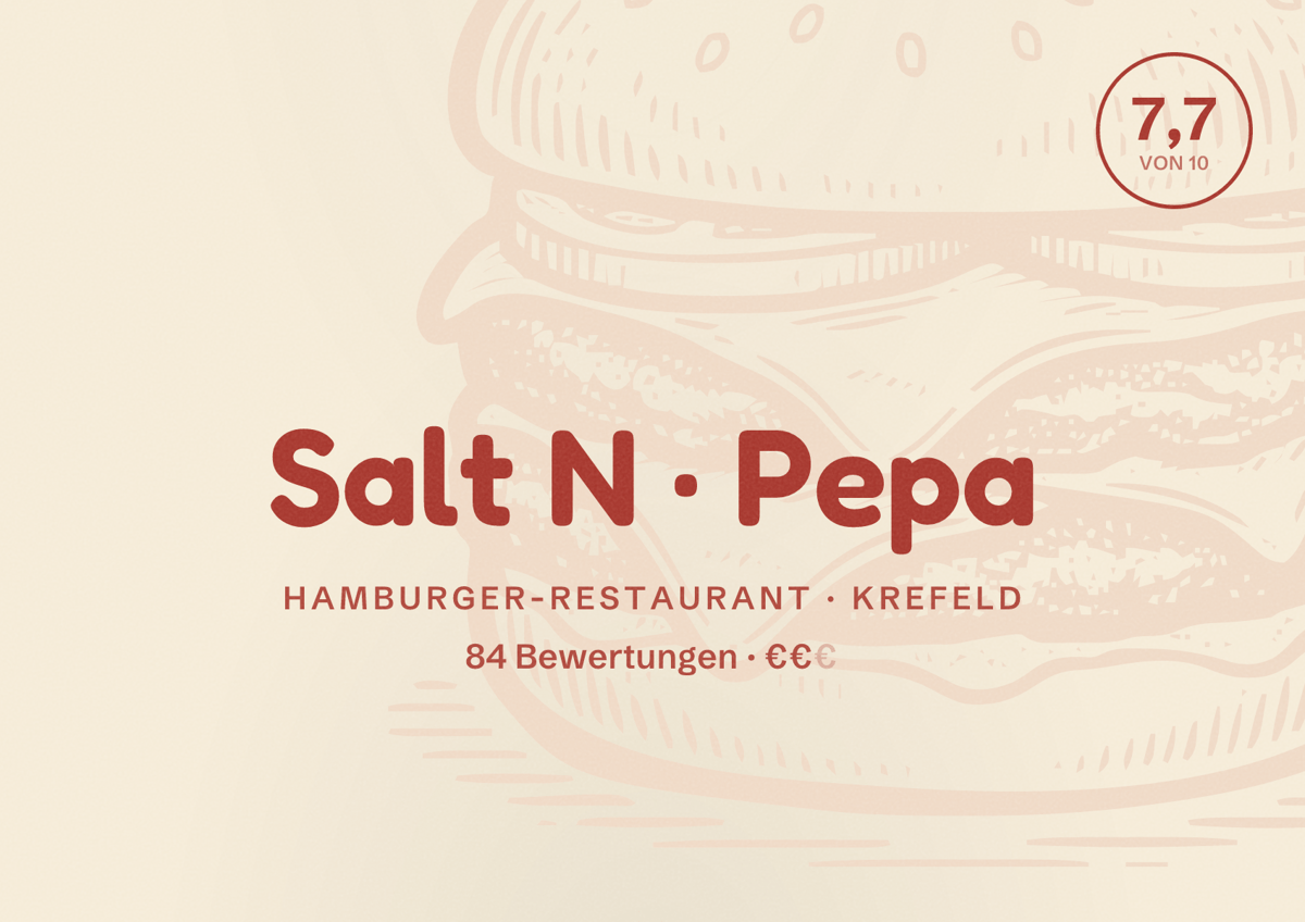 Illustriertes Poster von Salt N Pepa, Hamburger-Restaurant in Krefeld: Bewertung 7,7 von 10 aus 84 Bewertungen, Preisniveau €€