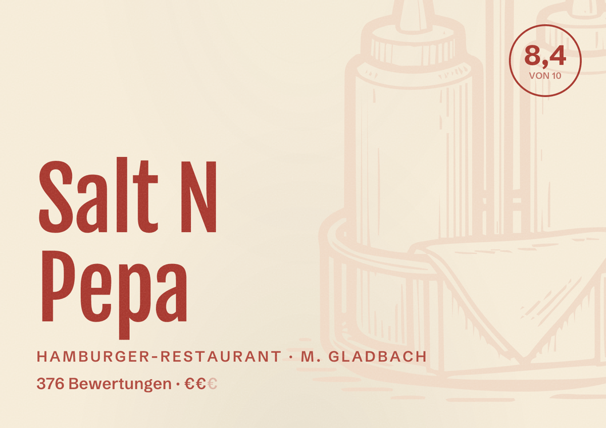 Illustriertes Poster von Salt N Pepa, Hamburger-Restaurant in M. Gladbach: Bewertung 8,4 von 10 aus 376 Bewertungen, Preisniveau €€
