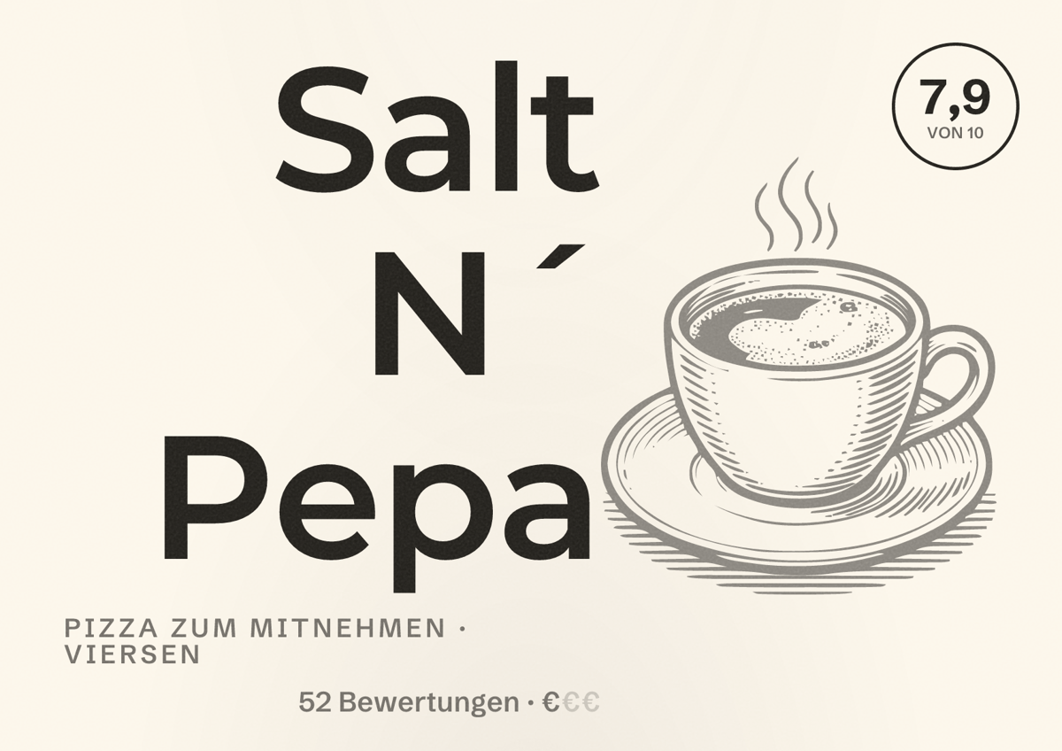 Illustriertes Poster von Salt N´ Pepa, Pizza zum Mitnehmen in Viersen: Bewertung 7,9 von 10 aus 52 Bewertungen, Preisniveau €
