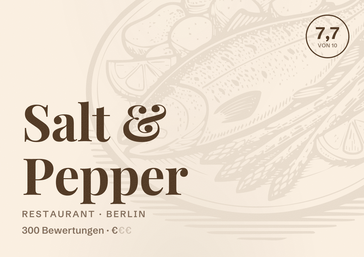 Illustriertes Poster von Salt & Pepper, Restaurant in Berlin: Bewertung 7,7 von 10 aus 300 Bewertungen, Preisniveau €