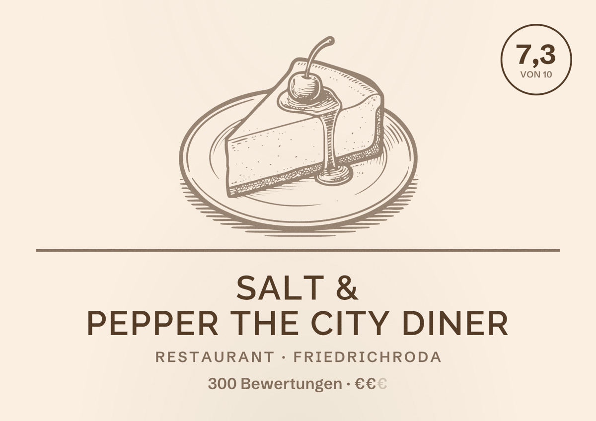 Illustriertes Poster von Salt & Pepper The City Diner, Restaurant in Friedrichroda: Bewertung 7,3 von 10 aus 300 Bewertungen, Preisniveau €€