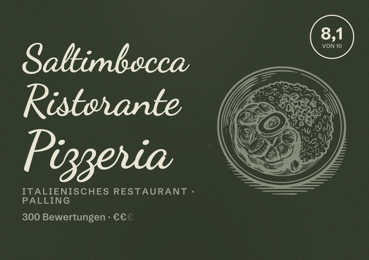 Illustriertes Poster von Saltimbocca Ristorante Pizzeria, Italienisches Restaurant in Palling: Bewertung 8,1 von 10 aus 300 Bewertungen, Preisniveau €€
