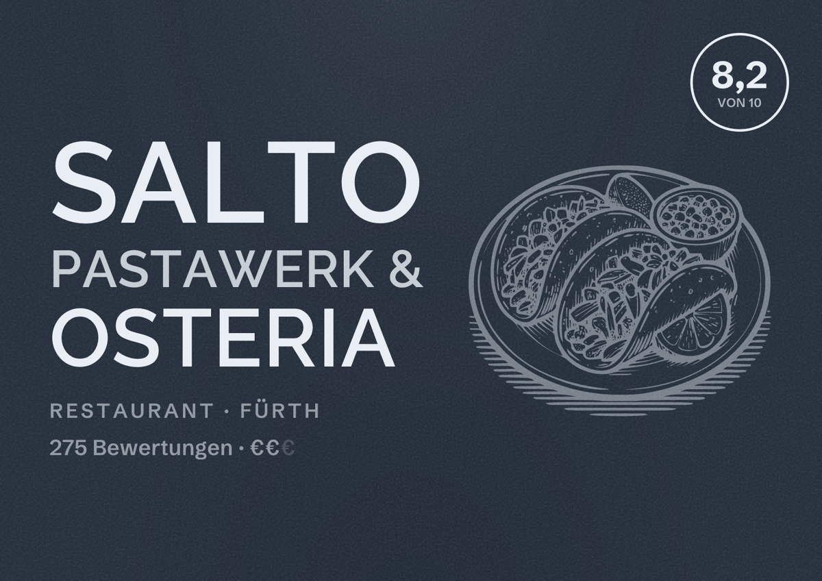 Illustriertes Poster von Salto Pastawerk & Osteria, Restaurant in Fürth: Bewertung 8,2 von 10 aus 275 Bewertungen, Preisniveau €€