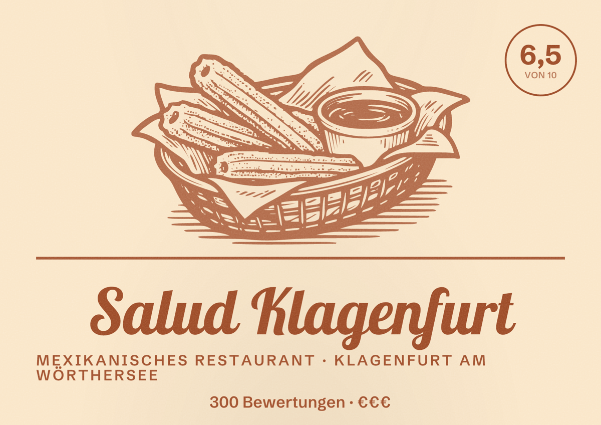 Illustriertes Poster von Salud Klagenfurt, Mexikanisches Restaurant in Klagenfurt am Wörthersee: Bewertung 6,5 von 10 aus 300 Bewertungen, Preisniveau €€€