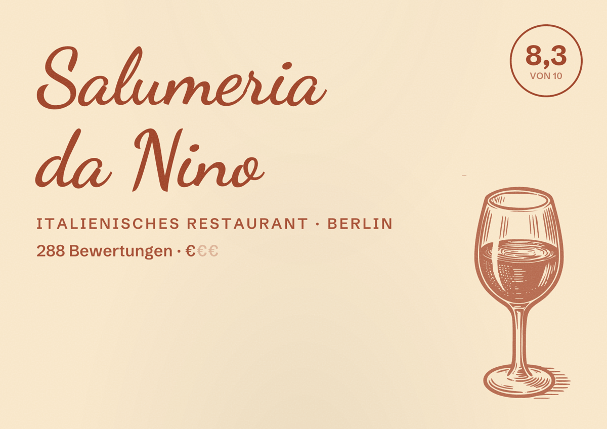 Illustriertes Poster von Salumeria da Nino, Italienisches Restaurant in Berlin: Bewertung 8,3 von 10 aus 288 Bewertungen, Preisniveau €