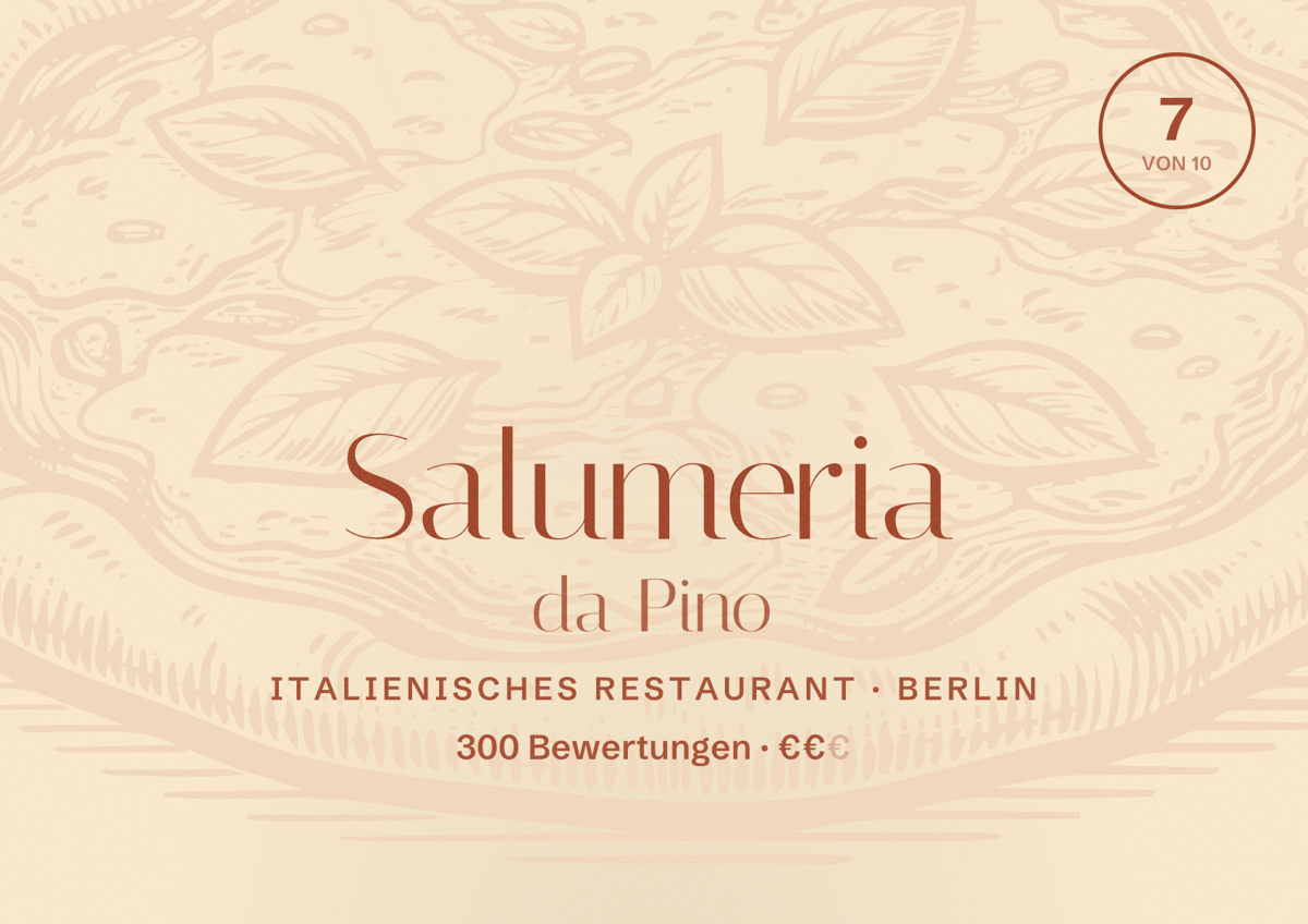 Illustriertes Poster von Salumeria da Pino, Italienisches Restaurant in Berlin: Bewertung 7,0 von 10 aus 300 Bewertungen, Preisniveau €€