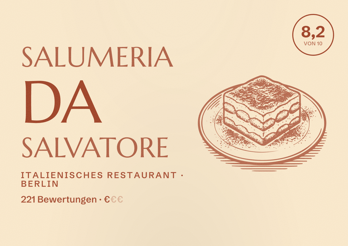 Illustriertes Poster von Salumeria Da Salvatore, Italienisches Restaurant in Berlin: Bewertung 8,2 von 10 aus 221 Bewertungen, Preisniveau €