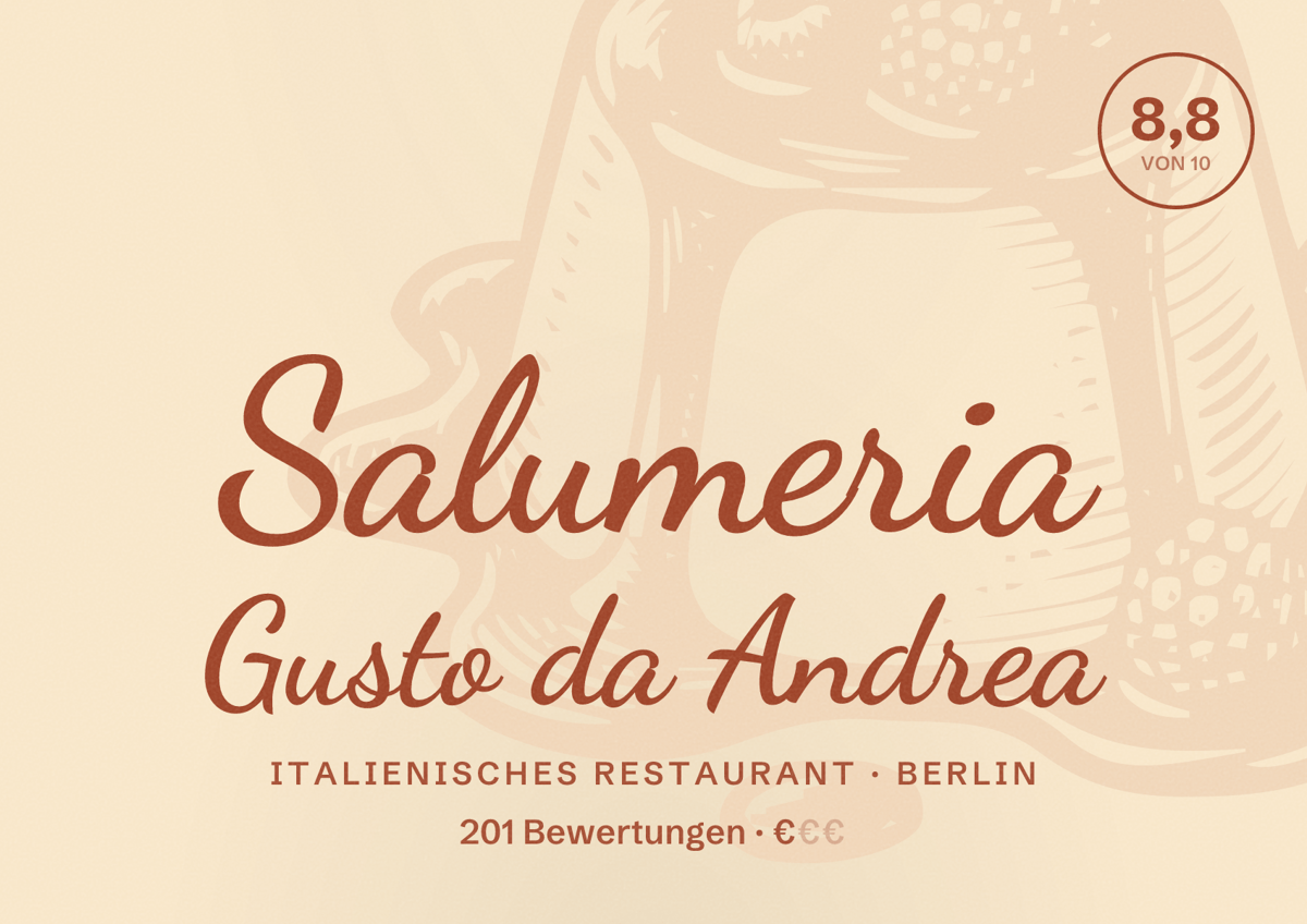 Illustriertes Poster von Salumeria Gusto da Andrea, Italienisches Restaurant in Berlin: Bewertung 8,8 von 10 aus 201 Bewertungen, Preisniveau €