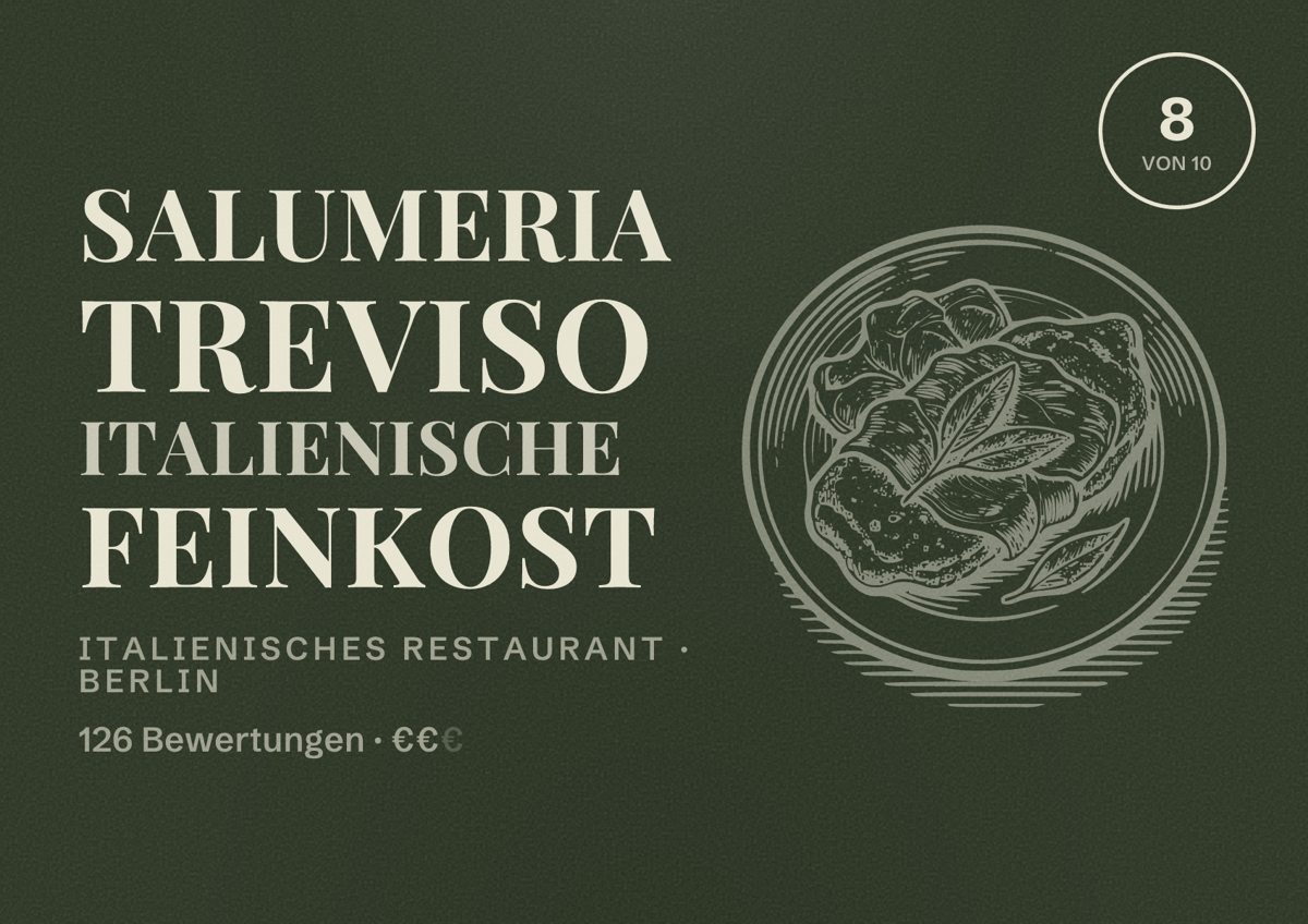 Illustriertes Poster von Salumeria Treviso Italienische Feinkost, Italienisches Restaurant in Berlin: Bewertung 8,0 von 10 aus 126 Bewertungen, Preisniveau €€