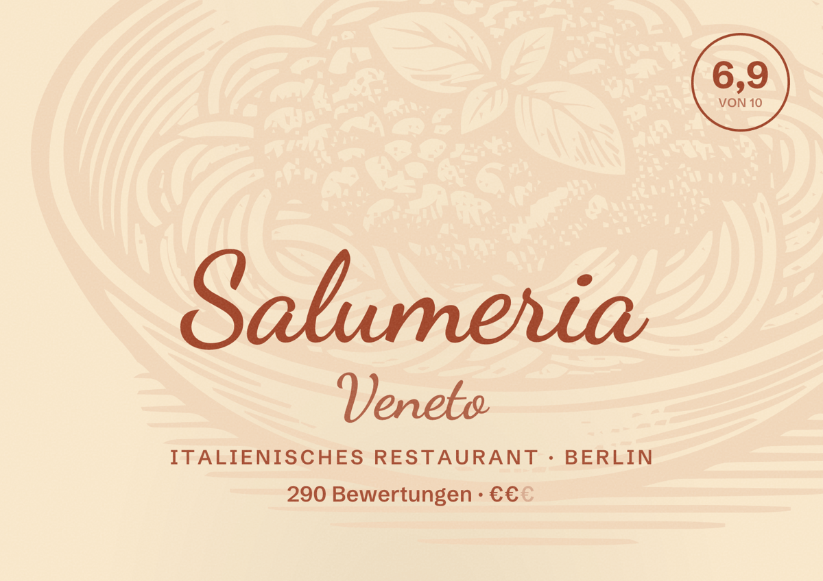 Illustriertes Poster von Salumeria Veneto, Italienisches Restaurant in Berlin: Bewertung 6,9 von 10 aus 290 Bewertungen, Preisniveau €€