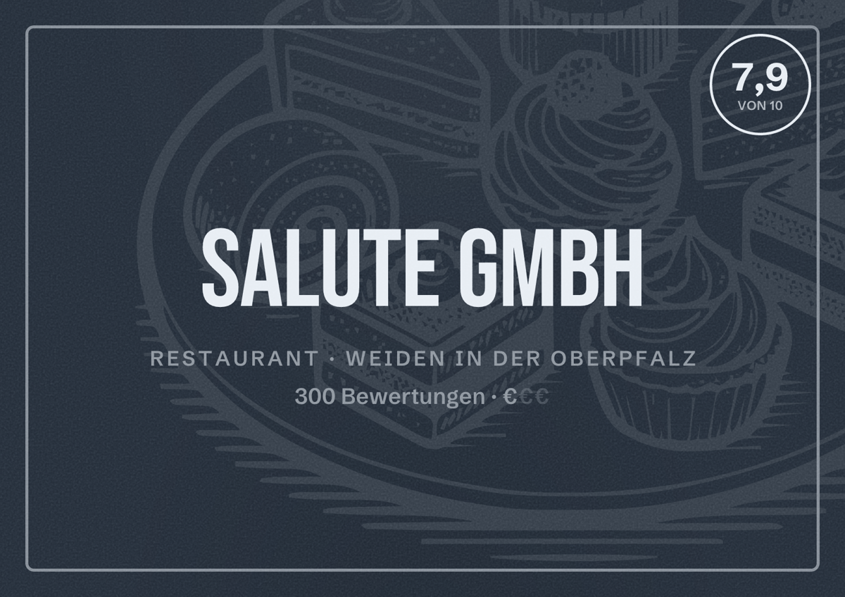 Illustriertes Poster von Salute GmbH, Restaurant in Weiden in der Oberpfalz: Bewertung 7,9 von 10 aus 300 Bewertungen, Preisniveau €