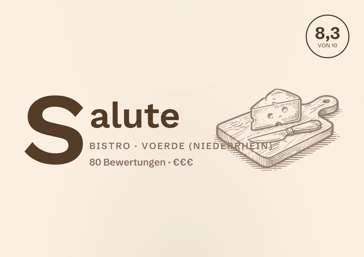 Illustriertes Poster von Salute, Bistro in Voerde (Niederrhein): Bewertung 8,3 von 10 aus 80 Bewertungen, Preisniveau €€€