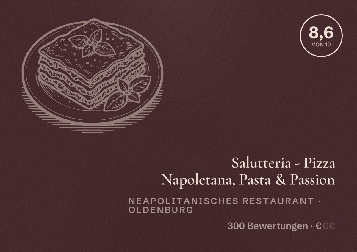 Illustriertes Poster von Salutteria - Pizza Napoletana, Pasta & Passion, Neapolitanisches Restaurant in Oldenburg: Bewertung 8,6 von 10 aus 300 Bewertungen, Preisniveau €