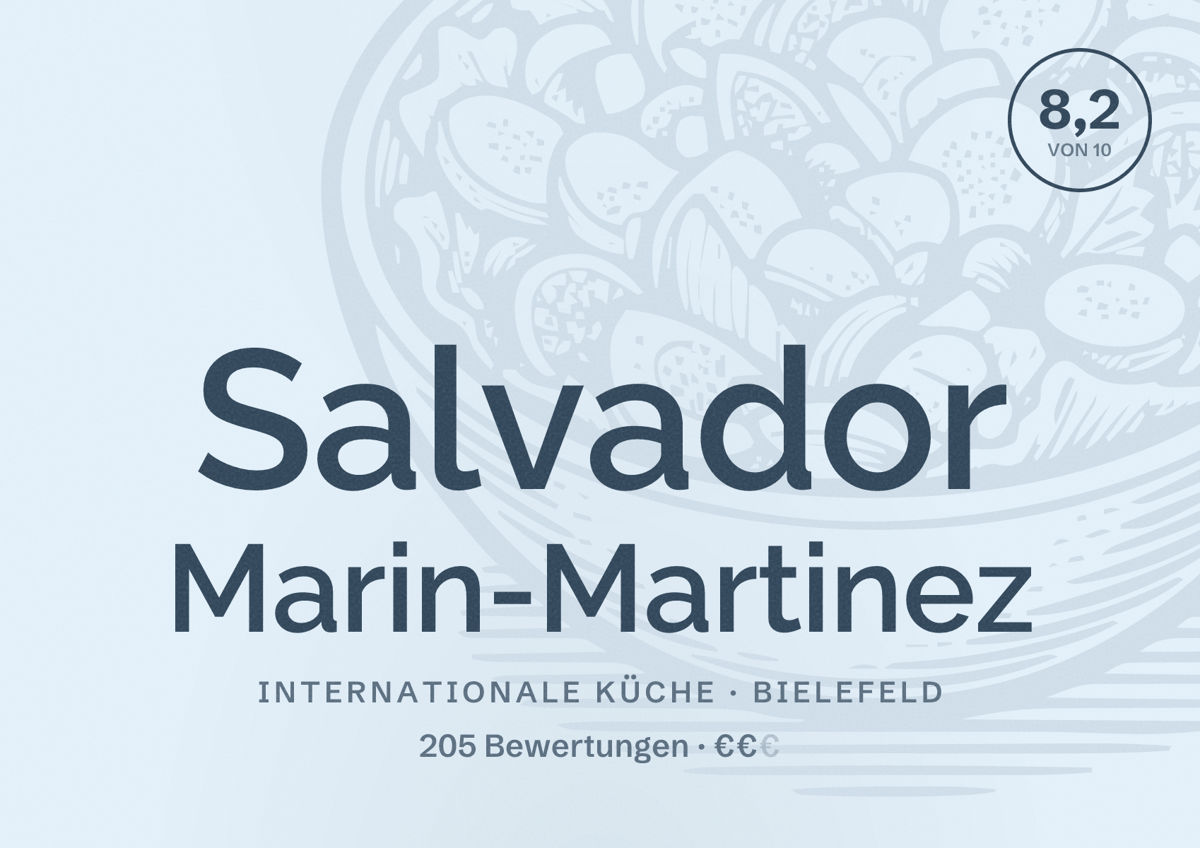 Illustriertes Poster von Salvador Marin-Martinez, Internationale Küche in Bielefeld: Bewertung 8,2 von 10 aus 205 Bewertungen, Preisniveau €€