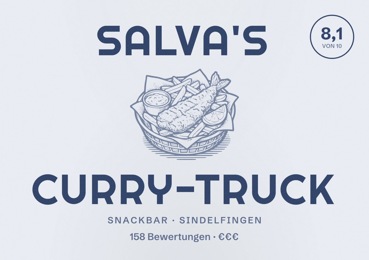 Illustriertes Poster von Salva's Curry-Truck, Snackbar in Sindelfingen: Bewertung 8,1 von 10 aus 158 Bewertungen, Preisniveau €€€
