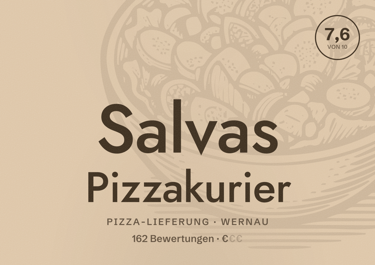 Illustriertes Poster von Salvas Pizzakurier, Pizza-Lieferung in Wernau: Bewertung 7,6 von 10 aus 162 Bewertungen, Preisniveau €