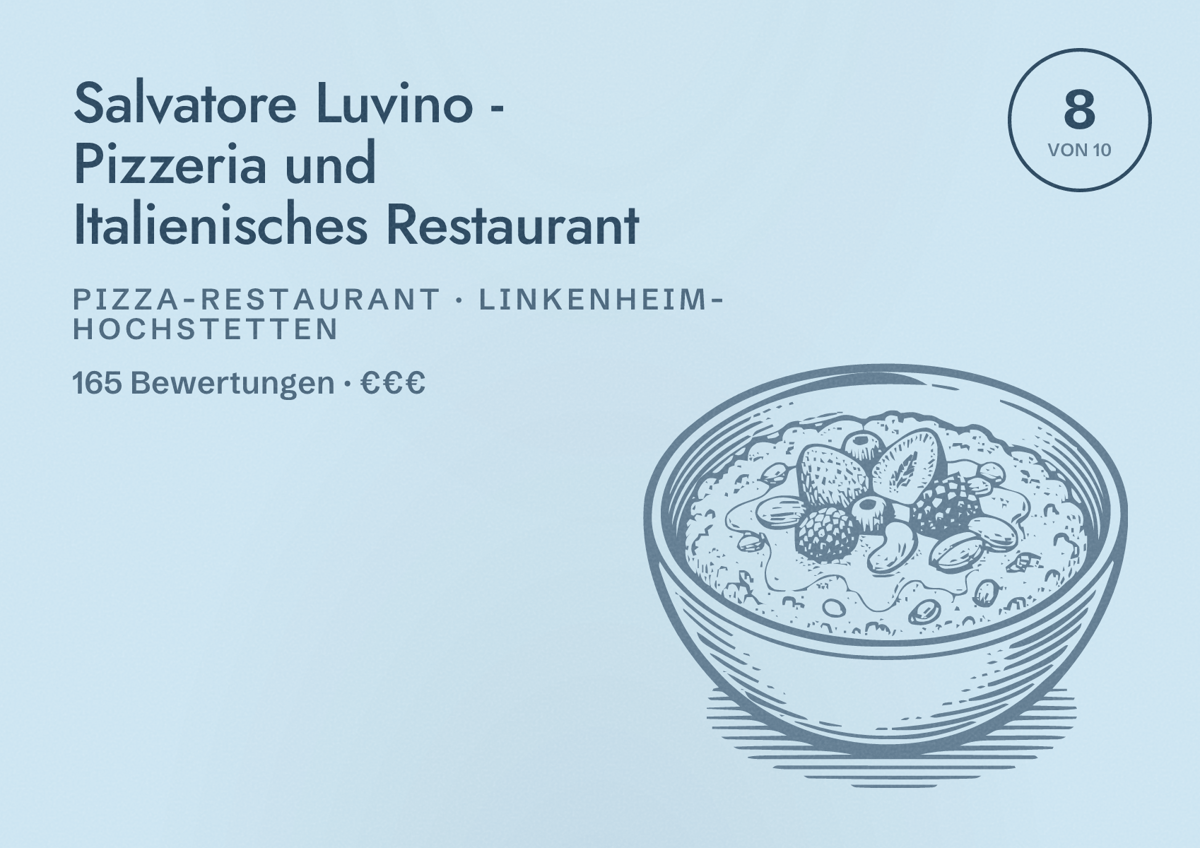 Illustriertes Poster von Salvatore Luvino - Pizzeria und Italienisches Restaurant, Pizza-Restaurant in Linkenheim-Hochstetten: Bewertung 8 von 10 aus 165 Bewertungen, Preisniveau €€€