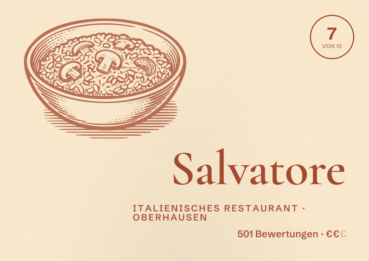 Illustriertes Poster von Salvatore, Italienisches Restaurant in Oberhausen: Bewertung 7 von 10 aus 501 Bewertungen, Preisniveau €€