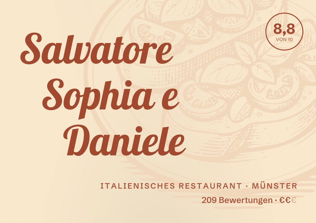 Illustriertes Poster von Salvatore Sophia e Daniele, Italienisches Restaurant in Münster: Bewertung 8,8 von 10 aus 209 Bewertungen, Preisniveau €€