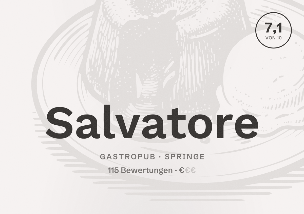 Illustriertes Poster von Salvatore, Gastropub in Springe: Bewertung 7,1 von 10 aus 115 Bewertungen, Preisniveau €