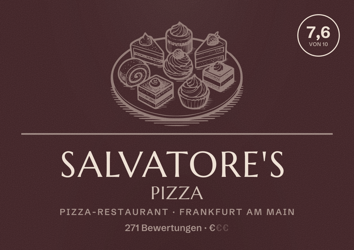 Illustriertes Poster von Salvatore's Pizza, Pizza-Restaurant in Frankfurt am Main: Bewertung 7,6 von 10 aus 271 Bewertungen, Preisniveau €