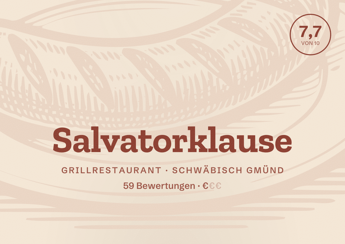Illustriertes Poster von Salvatorklause, Grillrestaurant in Schwäbisch Gmünd: Bewertung 7,7 von 10 aus 59 Bewertungen, Preisniveau €